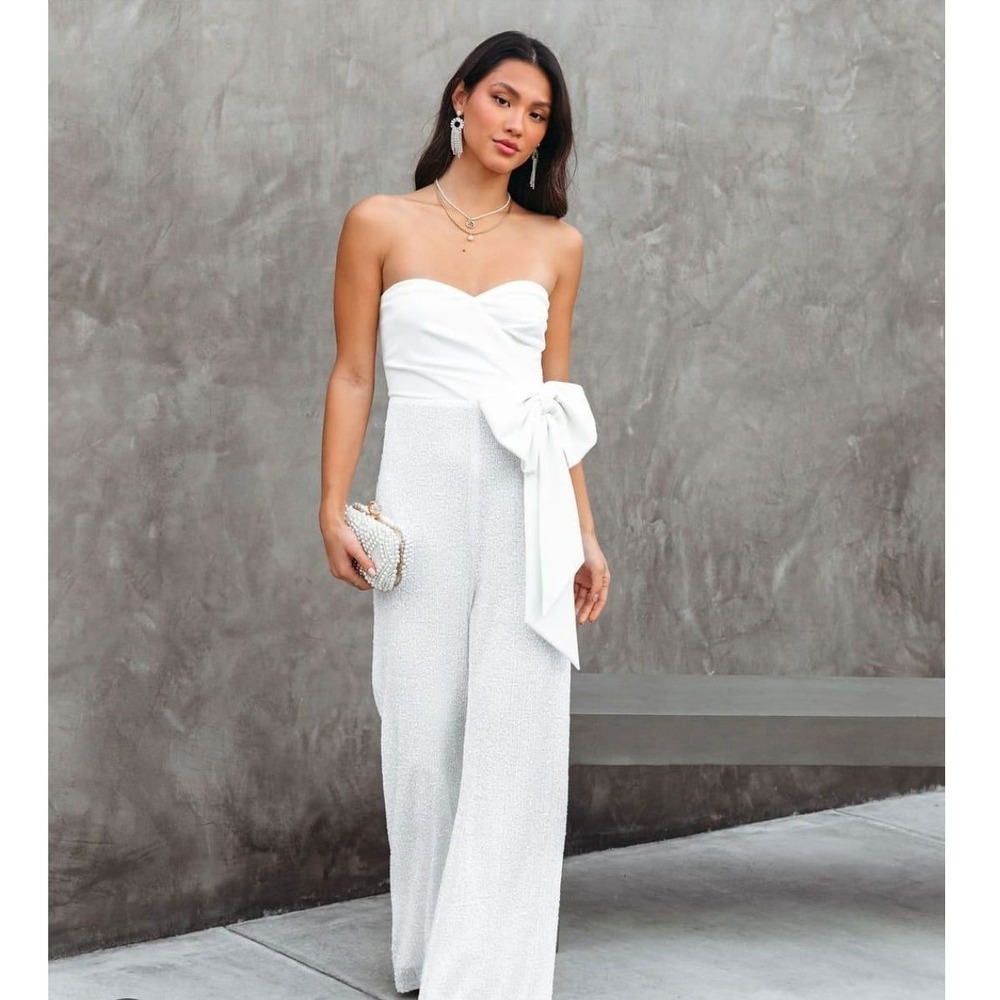 Aakaa White Sequin Bow Strapless Wide Leg Jumpsuit Women's Medium
